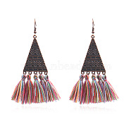 Eethnic Style Alloy Dangle Chandelier Earrings, with Yarn Tassel, Triangle, Red Copper, Colorful, 95x28mm(EJEW-F238-08A)