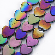 Electroplate Natural Freshwater Shell Beads Strands, Heart, Rainbow Color, 12x12x2.5~3mm, Hole: 0.9mm, about 37~38pcs/strand, 15.16 inch~15.35 inch(38.5cm~39cm)(SHEL-N027-05)