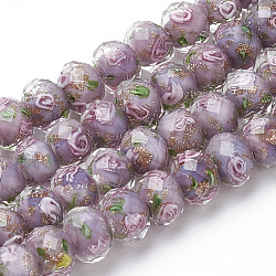 Handmade Gold Sand Lampwork Beads Strands, Inner Flower, Faceted Rondelle, Medium Purple, 8x6mm, Hole: 2mm, about 70pcs/strand, 17.3 inch(LAMP-R141-8mm-08)