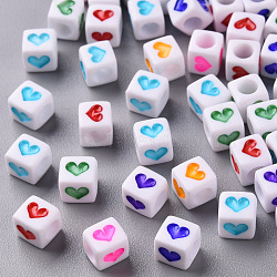 White Opaque Acrylic Beads, Cube with Heart, Mixed Color, 6.5x6x6mm, Hole: 3mm(X-MACR-T038-12)