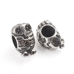 304 Stainless Steel European Beads, Large Hole Beads, Owl, Antique Silver, 13x8x9mm, Hole: 5mm(OPDL-G009-19AS)
