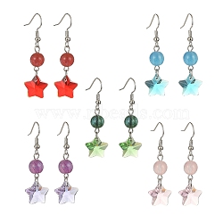 Resin & Glass Star Dangle Earrings, Platinum Brass Earrings, Mixed Color, 45x13.5mm(EJEW-JE05323)