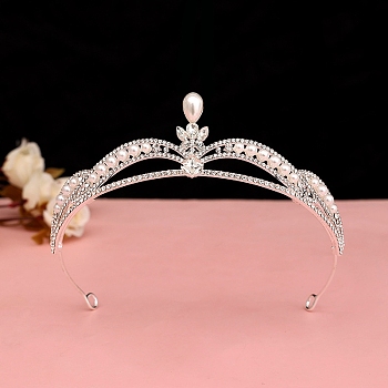 European Bridal Crown, Alloy with Plastic Imitation Pearl Hair Accessories for Wedding, Birthday, Party, White, 145x145x50mm