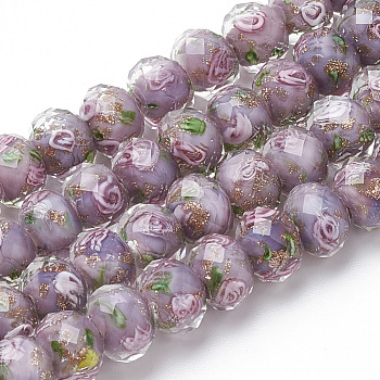Handmade Gold Sand Lampwork Beads Strands, Inner Flower, Faceted Rondelle, Medium Purple, 8x6mm, Hole: 2mm, about 70pcs/strand, 17.3 inch