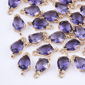 Transparent Glass Links connectors, with Brass Findings, Faceted, Teardrop, Light Gold, Medium Purple, 13x7x3.5mm, Hole: 1.2mm