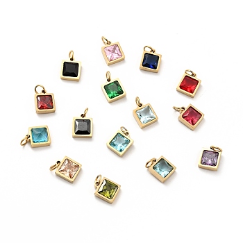 Vacuum Plating 304 Stainless Steel Pendants, with Cubic Zirconia and Jump Rings, Single Stone Charms, Square, Golden, Mixed Color, 9.5x8x3.5mm, Hole: 3.4mm