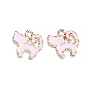 Alloy Enamel Pendants, Cat Shape, Golden, Pink, 13x13x1.2mm, Hole: 1.5mm