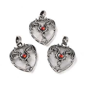 Natural Quartz Crystal Pendants, Heart Charms, with Rack Plating Antique Silver Tone Hyacinth Rhinestone Dragon Wing Findings, 36.5~37.5x32~32.5x9.5~10.5mm, Hole: 8.5x5.5mm