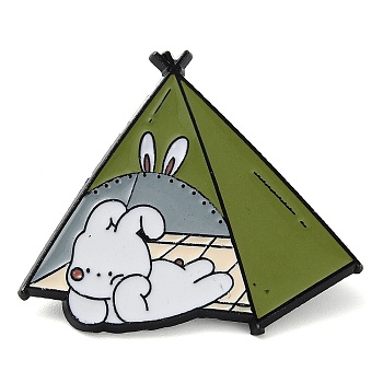 Cartoon Camping Rabbit Enamel Pins, Black Zinc Alloy Badge for Women, Tent, 34x39.5x2mm