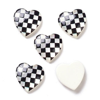 Opaque Resin Cabochons, Heart with Grid Pattern, Black, 16x16x4.5mm