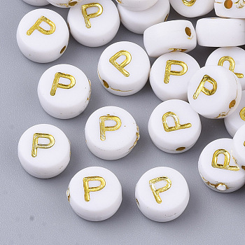 Plating Acrylic Beads, Golden Metal Enlaced, Horizontal Hole, Flat Round with Alphabet, White, Letter.P, 7x3.5mm, Hole: 1.2mm, about 3600pcs/500g