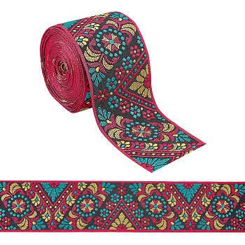 Ethnic Style Polyester Ribbon, Jacquard Ribbon, Tyrolean Ribbon, Floral Pattern, Colorful, 2-7/8 inch(74mm)