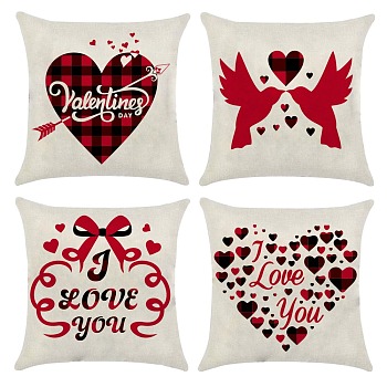 Burlap Customization Pillow Covers Set, Square, Heart Pattern, 45x45cm, 4pcs/set