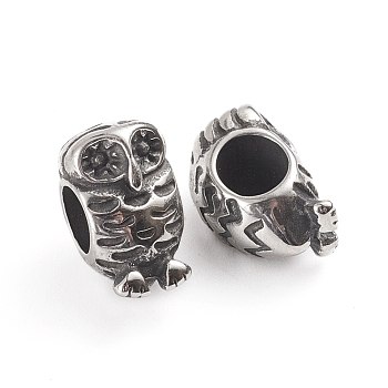 304 Stainless Steel European Beads, Large Hole Beads, Owl, Antique Silver, 13x8x9mm, Hole: 5mm