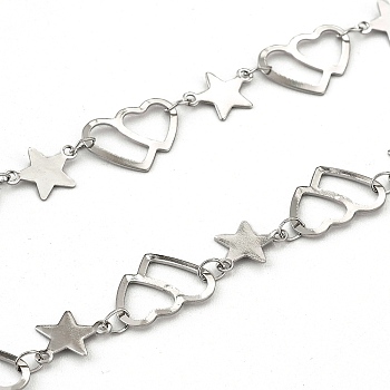 201 Stainless Steel Link Chains, Soldered, with Spool, Star & Heart with Heart, for Valentine's Day, Stainless Steel Color, Star: 7x10x0.5mm, Double Heart: 10x13.5x0.5mm, about 32.8 Feet(10m)/roll