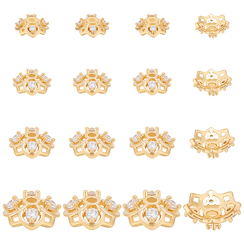16Pcs 4 Style Rack Plating Brass Cubic Zirconia Bead Caps, Real Gold Plated, Flower, Golden, 5.5~10x2.4~3.4mm, Hole: 1~1.8mm
