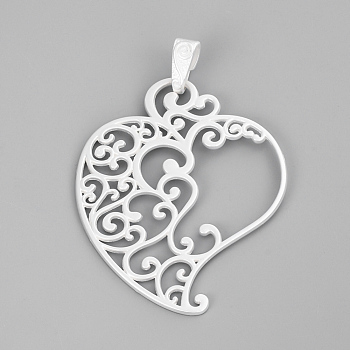 Alloy Big Pendants, Matte Style, Heart, Cadmium Free & Nickel Free & Lead Free, 925 Sterling Silver Plated, 80x61x2mm, Hole: 5.5x12mm