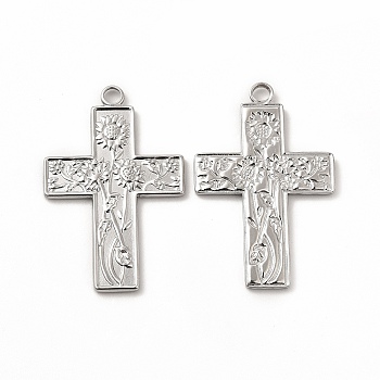 304 Stainless Steel Pendants, Cross with Sunflower Charm, Stainless Steel Color, 35x23x1.8mm, Hole: 2.5mm