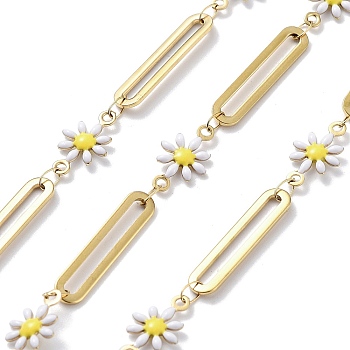 304 Stainless Steel Link Chains, with Resin & Enamel & Spool, Unwelded, Real 18K Gold Plated, Flower, White, 13x7.5x2mm, about 32.81 Feet(10m)/Roll