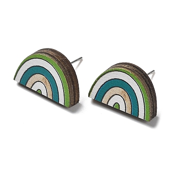 Printing Wood Stud Earrings for Women, with 316 Stainless Steel Pins, Rainbow, Green, 10.5x17mm