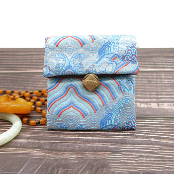 Chinese Style Satin Jewelry Packing Pouches, Gift Bags, Rectangle, Light Blue, 10x9cm