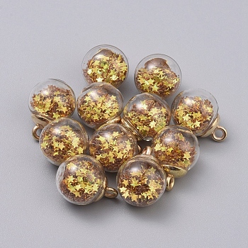 Transparent Glass Globe Pendants, with Plastic Paillette/Sequins Beads inside & CCB Plastic Pendant Bails, Round with Star, Light Gold, Gold, 21x16mm, Hole: 2.5mm