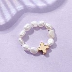 Natural Cultured Freshwater Pearl Finger Rings, Cross, Brass Rings, Golden, 20mm(RJEW-JR01011)