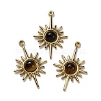 Natural Tiger Eye Pendants, Sun Charms, with 304 Stainless Steel Settings, Real 14K Gold Plated, 27x17.5x4.5mm, Hole: 1.6mm(STAS-R005-02G)
