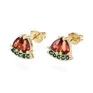 Brass Micro Pave Cubic Zirconia Stud Earrings, with Ear Nuts, Teardrop, Cadmium Free & Nickel Free & Lead Free, Chocolate, Real 16K Gold Plated, 8x9.5mm, Pin: 0.7mm(EJEW-S210-010-NR)