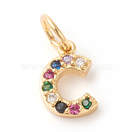 Brass Micro Pave Colorful Cubic Zirconia Charms, Golden, Letter.C, 9x6x2mm, Hole: 3mm(ZIRC-F092-01-C)