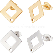 40Pcs 2 Colors 304 Stainless Steel Stud Earring Findings, Rhombus with Hole & Ear Nuts/Earring Backs, Golden & Stainless Steel Color, 14x14mm, Hole: 1mm, Pin: 0.8mm, 20Pcs/color(STAS-BBC0004-22)