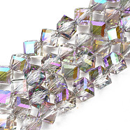 Electroplate Transparent Glass Beads Strands, Faceted, Diagonal Cube Beads, Medium Orchid, 8.5x9.5x9.5mm, Hole: 1.5mm, about 80pcs/strand, 25.98 inch(66cm)(EGLA-N002-29-C01)