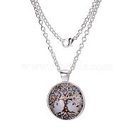 Tree Of Life Pattern Flat Round Glass Pendant Necklaces, with Alloy Chains, Silver Color Plated, 18 inch(X-NJEW-N0051-048O-02)