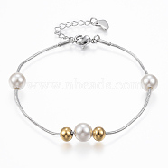 304 Stainless Steel Charm Bracelets, with Lobster Claw Clasps, 304 Stainless Steel Beads and Acrylic Pearl Beads, Round, Golden & Stainless Steel Color, 7-1/8 inchx1/8 inch(180x1mm)(BJEW-K172-12A)