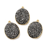 Long-Lasting Plated Brass Pave Rhinestone Pendants, Oval Charms, Jet, 30.5x22.5x4mm, Hole: 1.8mm(KK-K362-08G-01)