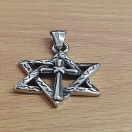 304 Stainless Steel Pendants, Star of David with Cross Charm, Antique Silver, 39x29x5.5mm, Hole: 5x7mm(STAS-E434-47AS-01)