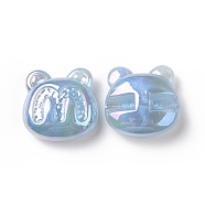 Opaque Acrylic Beads, AB Color Plated, Bear with Letter M Pattern, Light Sky Blue, 32x32.5x13mm, Hole: 3mm(OACR-A010-07C)