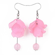 Dangle Earrings, with 304 Stainless Steel Findings, Acrylic Pendants and Natural Rose Quartz, Flower, Pink, 59~63mm, Pendant: 40~44x20x14mm, Pin: 0.7mm(EJEW-JE03211-02)