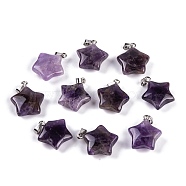 Natural Amethyst Pendants, Star Charm with 201 Stainless Steel Snap on Bails, Stainless Steel Color, 20~21x17~19x7~8mm, Hole: 6x3mm(G-Q172-09P-07)