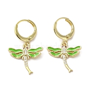 Dragonfly Real 18K Gold Plated Brass Dangle Leverback Earrings, with Enamel and Cubic Zirconia, Green, 30x17.5mm(EJEW-L268-011G-03)
