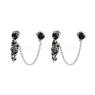 Halloween Skull 316 Surgical Stainless Steel Pave Black Cubic Zirconia Dangle Chains Stud Earrings, Asymmetrical Earrings for Women, Antique Silver, 72mm(EJEW-Z050-59AS)