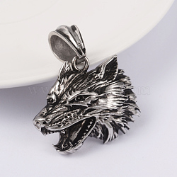 316 Surgical Stainless Steel Pendants, Wolf, Antique Silver, 29x34x8mm, Hole: 7x12mm(X-STAS-L186-096AS)