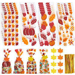 Rectangle Plastic Candy Bags for Thanksgiving Day, Autumn Pumpkin & Maple Leaf Pattern Cookie Cellophane Bag, with Twist Tie & Maple Leaf Paper Gift Tags, Mixed Color, Candy Bag: 277x125x0.1mm, 100 sets,Tags: 60x56x0.5mm, hole: 4mm, 100pcs(CON-BC0007-06)