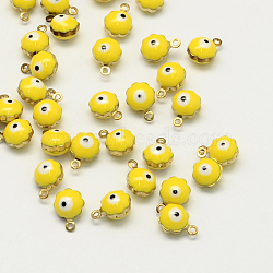 Golden Tone Brass Enamel Charms, Flower with Eye, Yellow, 9x7x5mm, Hole: 1mm(KK-Q571-05C)