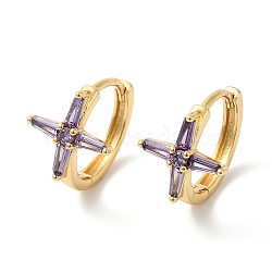 Cross Cubic Zirconia Cuff Earrings, Real 18K Gold Plated Brass Jewelry for Women, Cadmium Free & Lead Free, Medium Purple, 17x15x12mm, Pin: 1mm(EJEW-G348-16G-01)