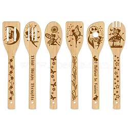 6Pcs Bamboo Spoons & Knifes & Forks, Flatware for Dessert, Fairy Pattern, 60x300mm, 6 style, 1pc/style, 6pcs/set(AJEW-WH0411-009)