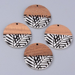 Resin & Walnut Wood Pendants, Two Tone, Flat Round with Leaf, Black, 35x2~3mm, Hole: 2mm(RESI-R428-09)