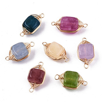 Natural Agate Links Connectors, Light Gold Tone Brass Wire Wrapped, Cube, Mixed Color, 17x8.5x7mm, Hole: 1.6mm