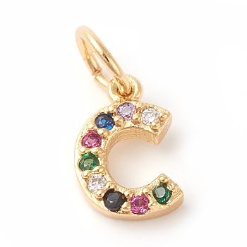Brass Micro Pave Colorful Cubic Zirconia Charms, Golden, Letter.C, 9x6x2mm, Hole: 3mm