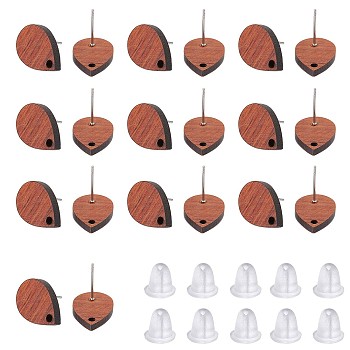15 Pairs Walnut Wood Teardrop Stud Earring Findings, with 304 Stainless Steel Pin and 50 Plastic Bell Ear Nuts, Coconut Brown, 17x11.5mm, Hole: 1.6mm, Pin: 0.7mm